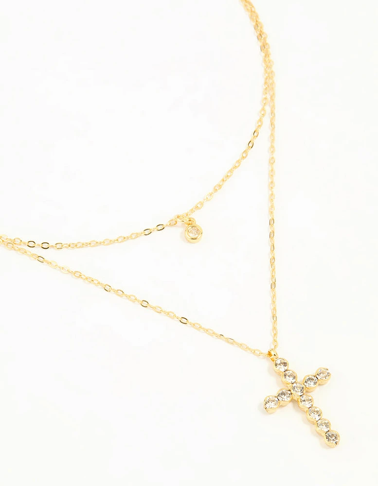 Gold Plated Diamante Cross Layered Necklace