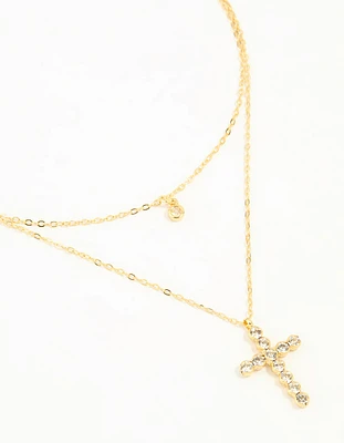 Gold Plated Diamante Cross Layered Necklace
