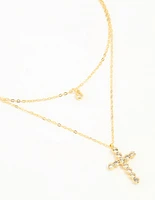 Gold Plated Diamante Cross Layered Necklace
