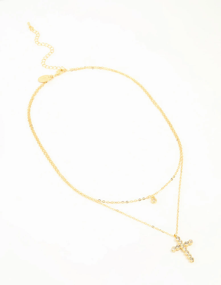 Gold Plated Diamante Cross Layered Necklace