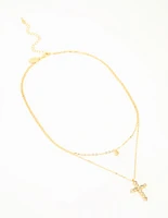 Gold Plated Diamante Cross Layered Necklace