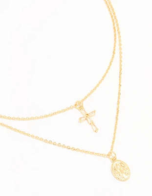 Gold Plated Cross & Mary Layered Necklace