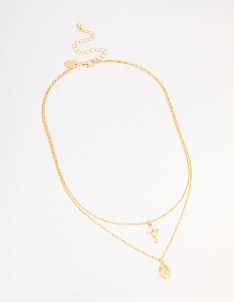 Gold Plated Cross & Mary Layered Necklace