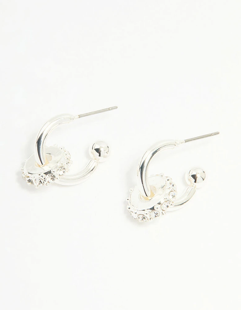 Silver Diamante Round Rondell Hoop Earrings