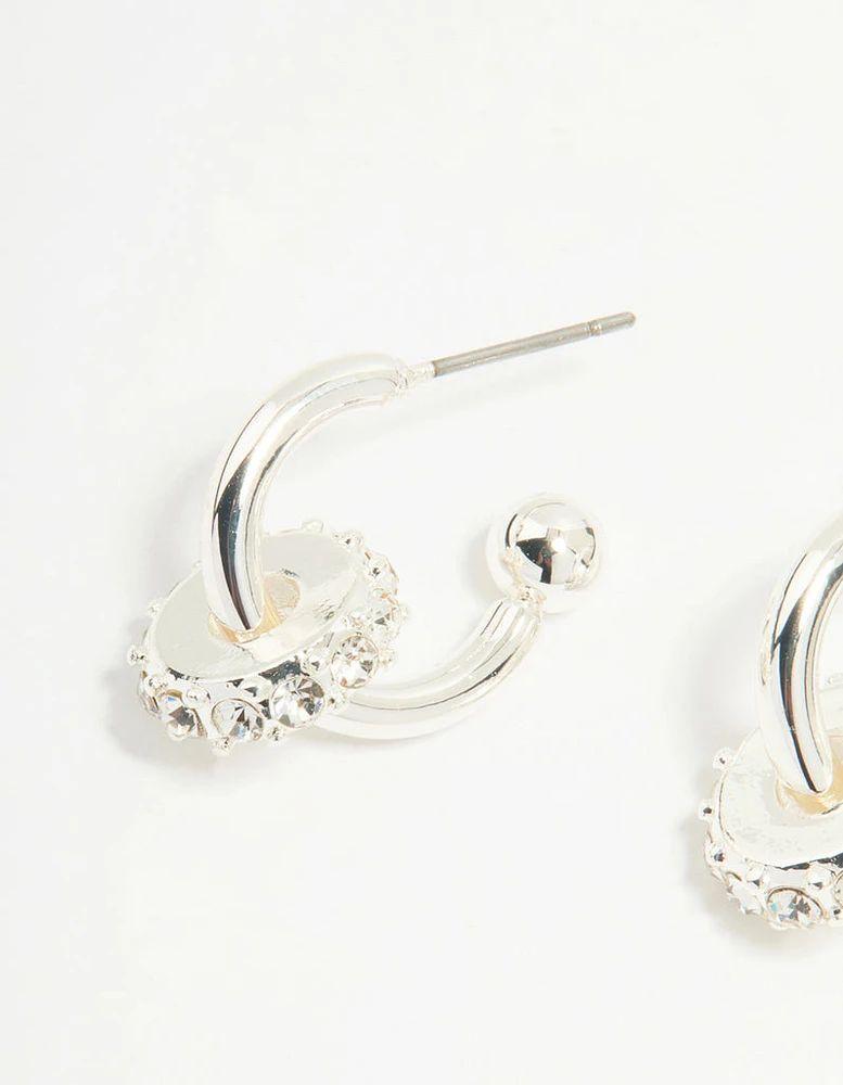 Silver Diamante Round Rondell Hoop Earrings