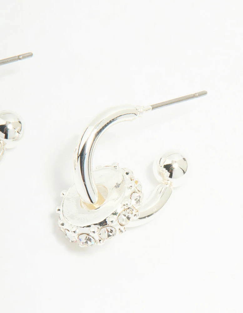 Silver Diamante Round Rondell Hoop Earrings