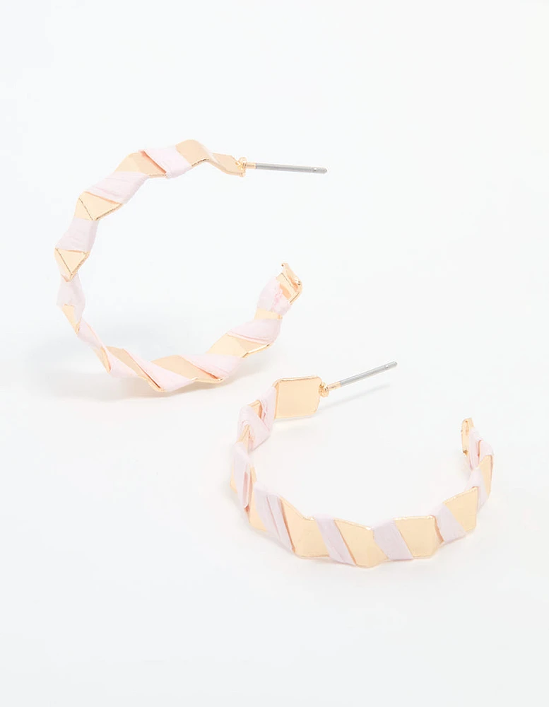 Gold Pink Paper Ridge Hoop Earrings