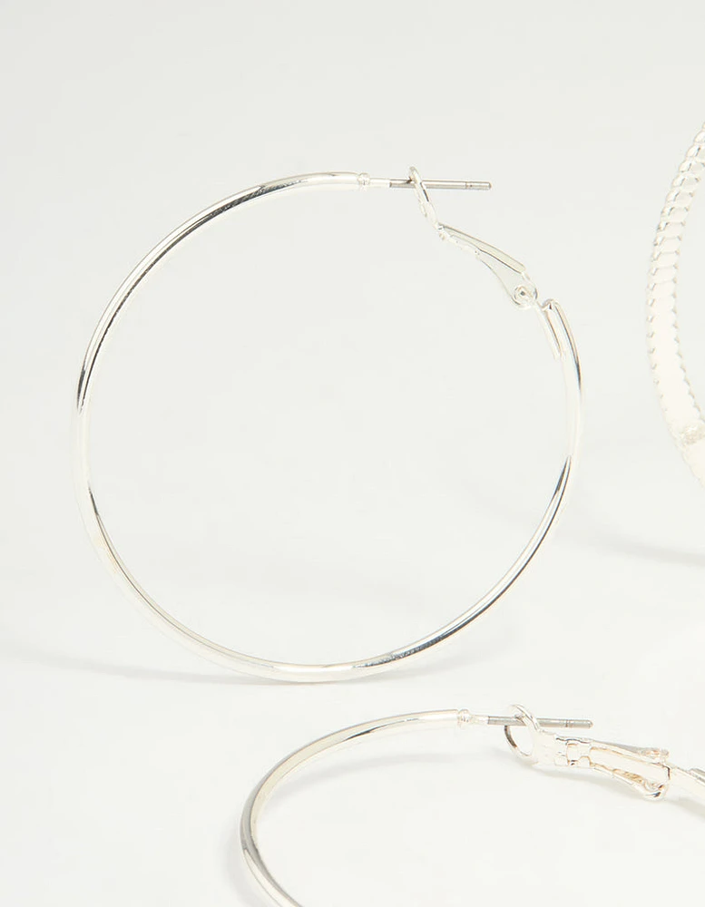 Silver Textured & Plain Hoop Earrings 2-Pack