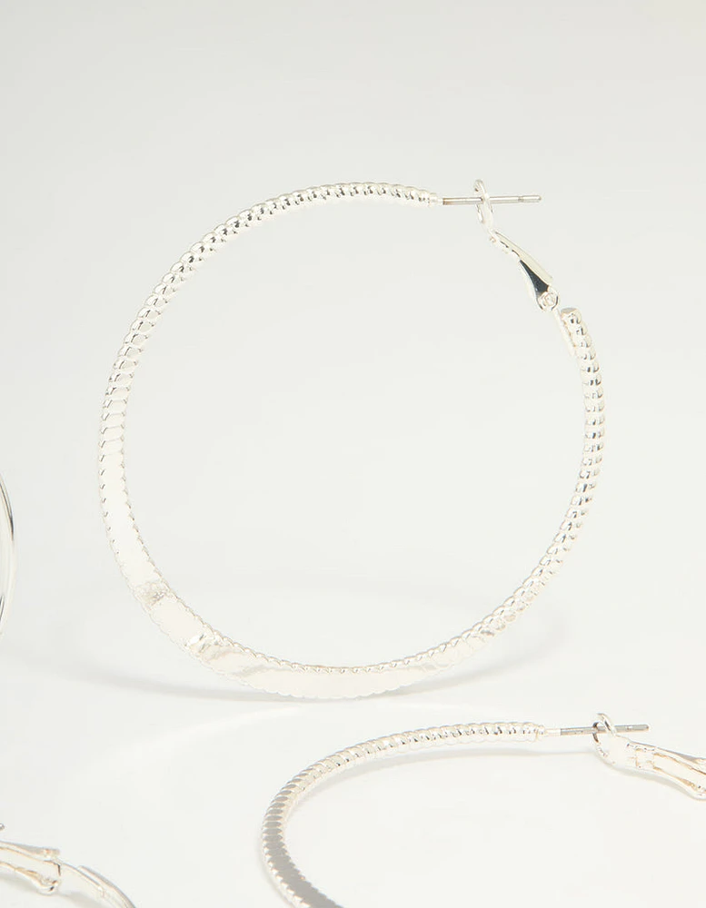 Silver Textured & Plain Hoop Earrings 2-Pack