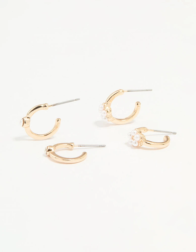 Gold Diamante Pearl Flower Hoop Earrings 2-Pack