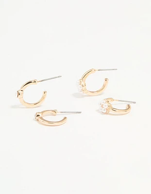 Gold Diamante Pearl Flower Hoop Earrings 2-Pack