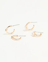 Gold Diamante Pearl Flower Hoop Earrings 2-Pack