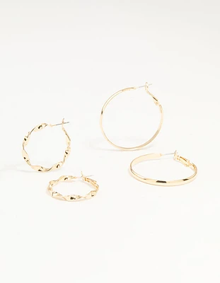Gold Twisted & Plain Hoop Earrings 2-Pack