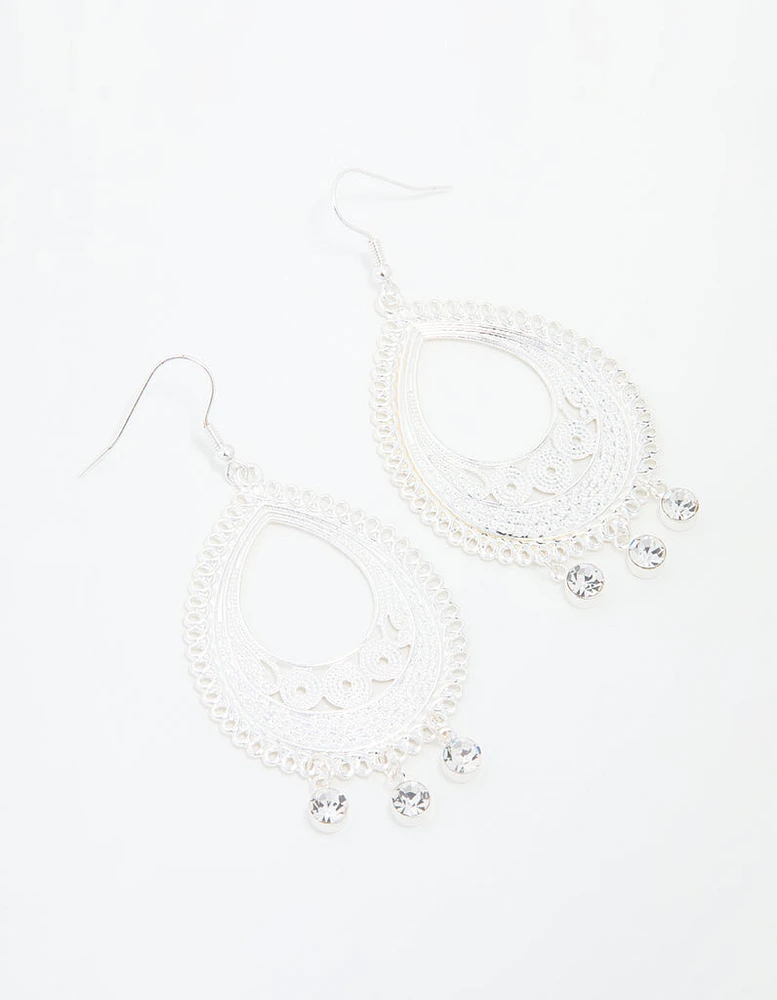 Silver Diamante Filigree Oval Drop Earrings