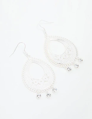 Silver Diamante Filigree Oval Drop Earrings