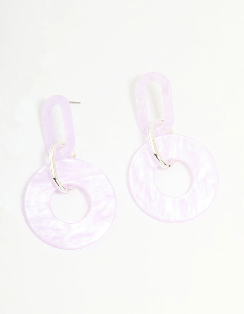 Silver Pink Acrylic Circle Link Drop Earrings