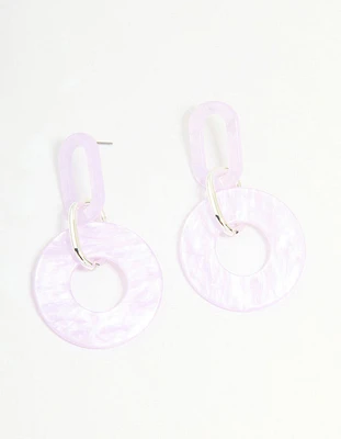 Silver Pink Acrylic Circle Link Drop Earrings