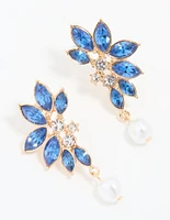 Gold Blue Diamante Pearl Marquise Stud Earrings