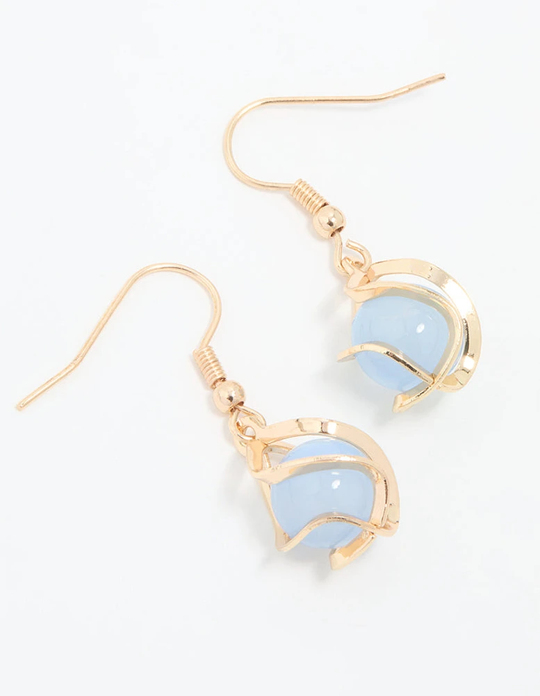 Gold Wire Wrapped Blue Beaded Drop Earrings