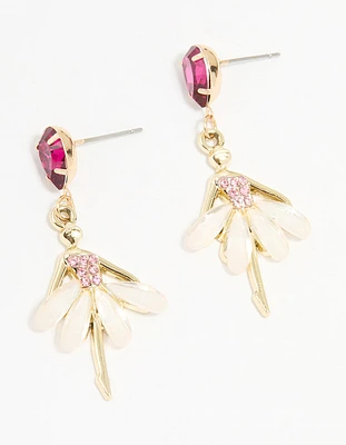 Gold Pink Diamante Ballerina Drop Earrings