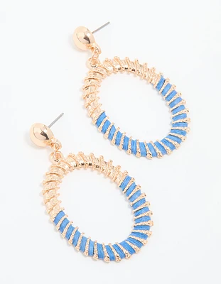 Gold BlueTextured Oval Drop Earrings