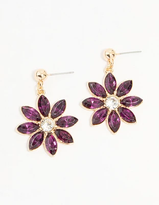 Gold Purple Diamante Flower Drop Earrings