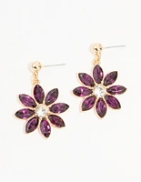 Gold Purple Diamante Flower Drop Earrings