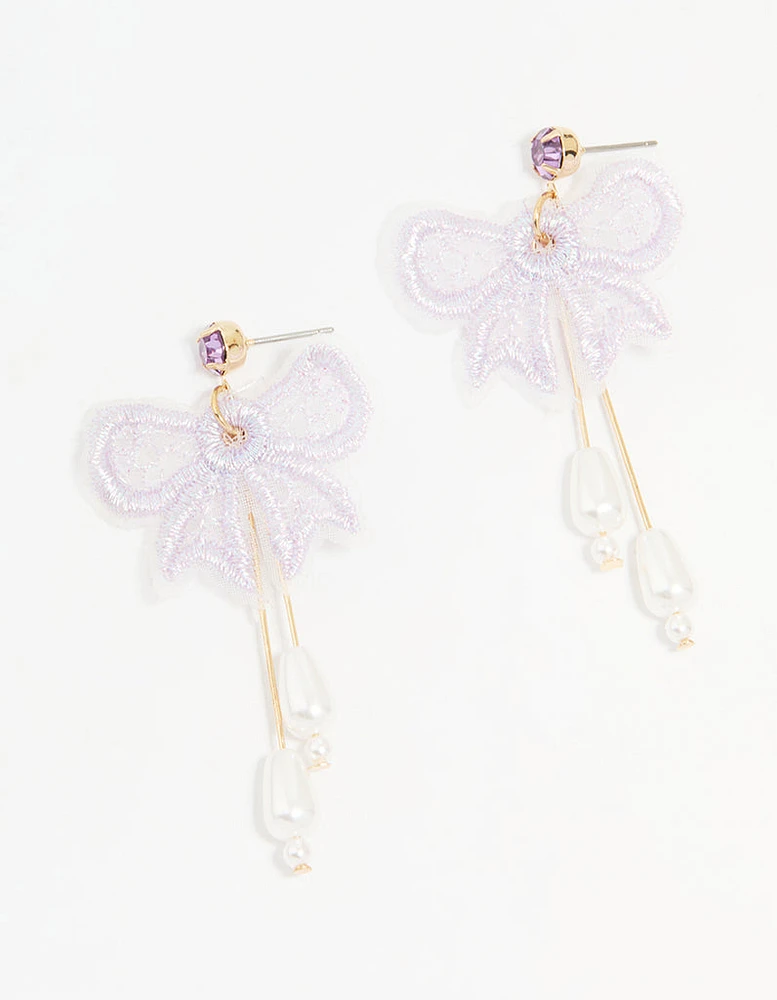 Gold Pearl Mesh Bow Drop Earrings
