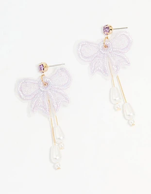 Gold Pearl Mesh Bow Drop Earrings