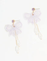 Gold Pearl Mesh Bow Drop Earrings