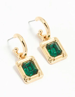 Gold Green Diamante Rectangle Drop Huggie Earrings