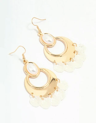 Gold Pearl Oval Petal Drop Earrings