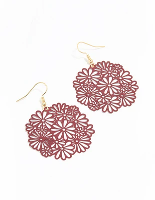 Gold Pink Filigree Flower Drop Earrings