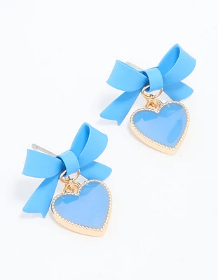 Gold Blue Coated Metal Bow Heart Drop Earrings