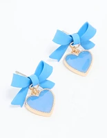 Gold Blue Coated Metal Bow Heart Drop Earrings