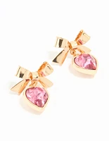 Gold Pink Diamante Heart & Bow Drop Earrings