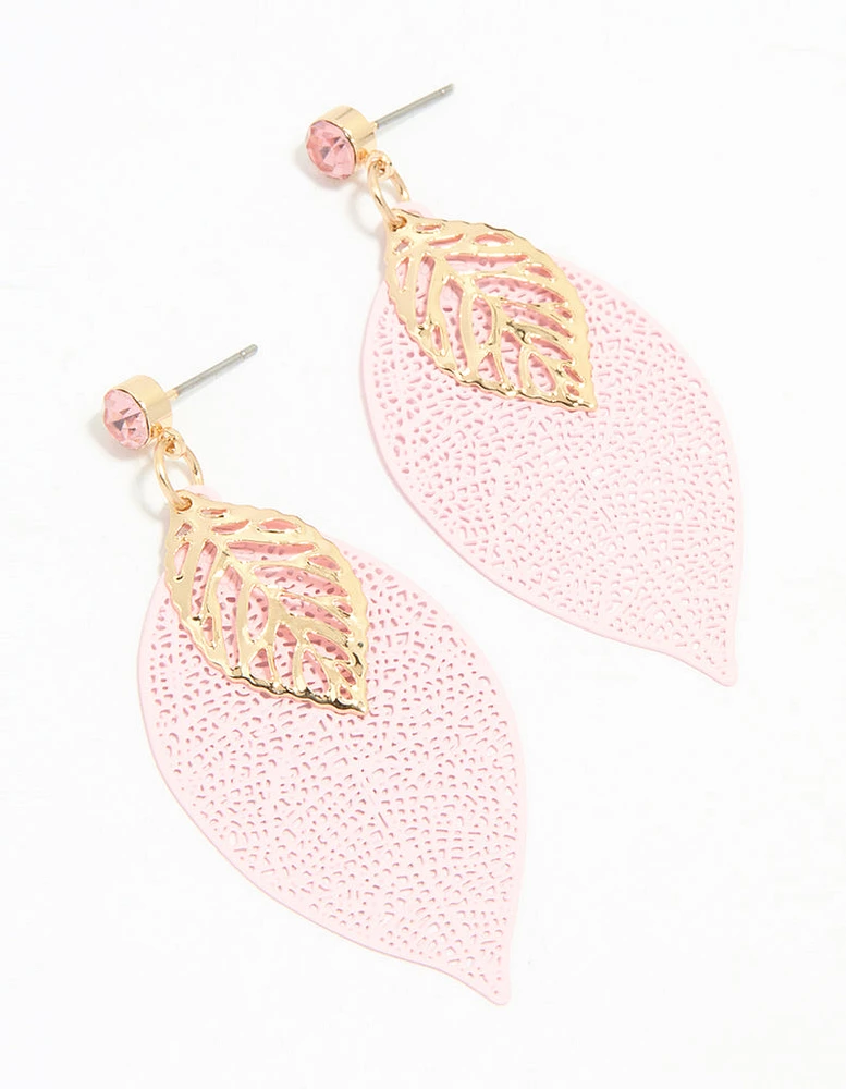 Gold Pink & Filigree Leaf Drop Earrings