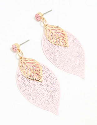 Gold Pink & Filigree Leaf Drop Earrings