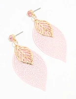 Gold Pink & Filigree Leaf Drop Earrings