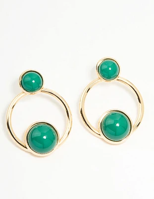 Gold Green Circles Drop Earrings