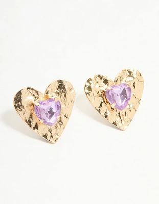 Gold Purple Diamante Heart Center Stud Earrings