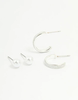 Silver Glitter Paper & Pearl Stud Earrings 2-Pack