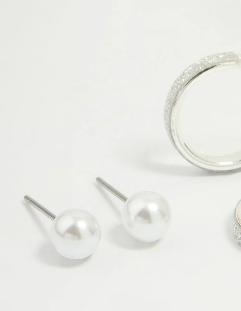 Silver Glitter Paper & Pearl Stud Earrings 2-Pack