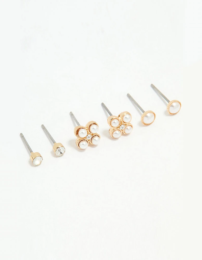 Silver Diamante & Pearl Stud Earrings 3-Pack