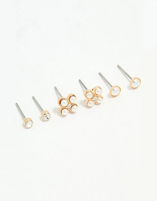 Silver Diamante & Pearl Stud Earrings 3-Pack