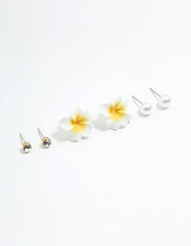 Silver Diamante Pearl & Frangipani Earrings 3-Pack