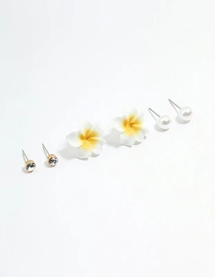 Silver Diamante Pearl & Frangipani Earrings 3-Pack