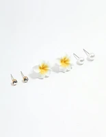 Silver Diamante Pearl & Frangipani Earrings 3-Pack