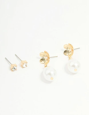 Gold Pearl Flower & Diamante Stud Earrings 2-Pack