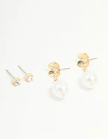 Gold Pearl Flower & Diamante Stud Earrings 2-Pack